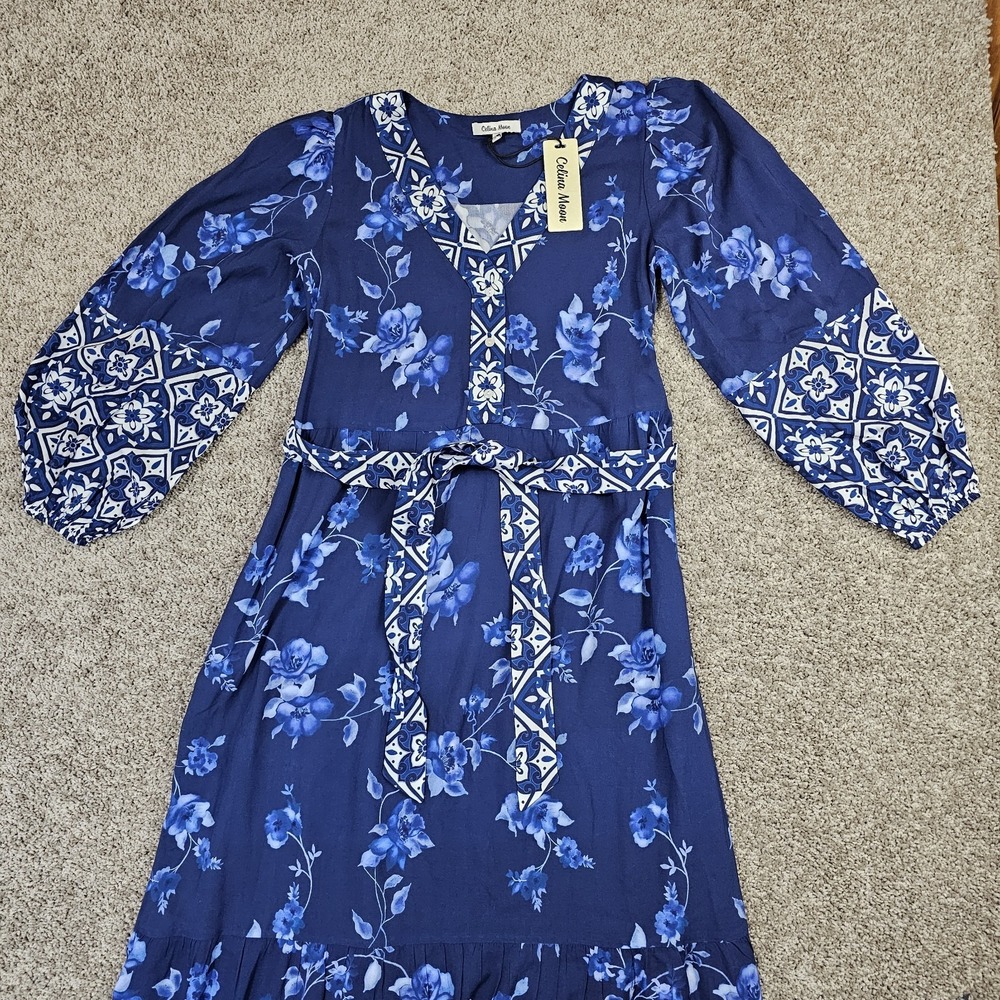 Celina Moon Floral Maxi Dress Long Sleeve Boho Size Small Blue Printed NWT - Picture 8 of 12